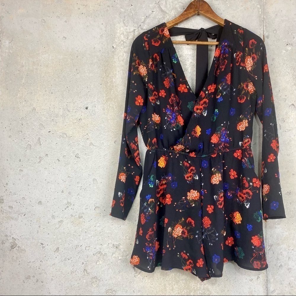 Gianni Bini black red yellow floral long sleeve faux wrap romper small